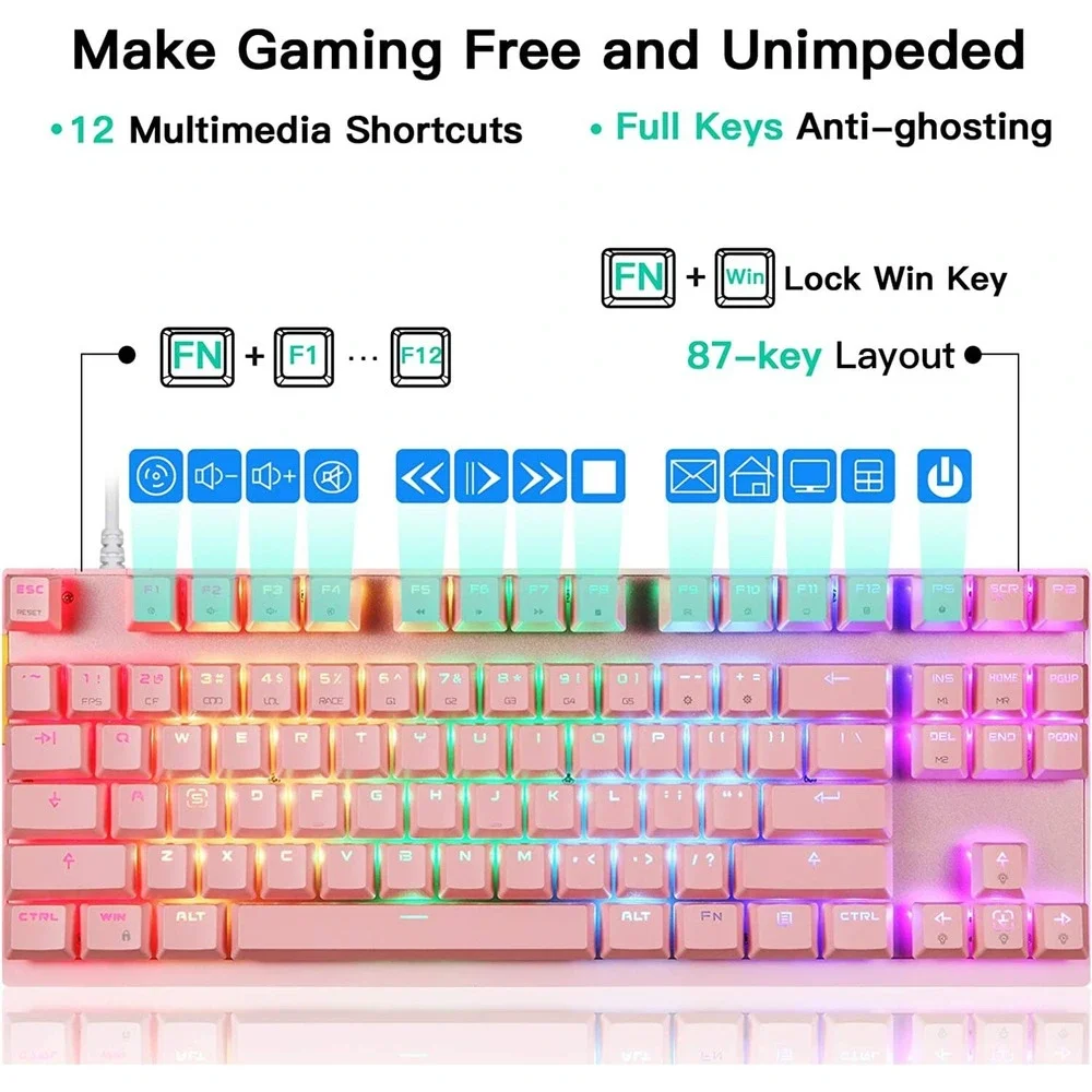 MOTOSPEED CK82 87-Key Mechanical Gaming Keyboard Red Switch Pink Rainbow LED